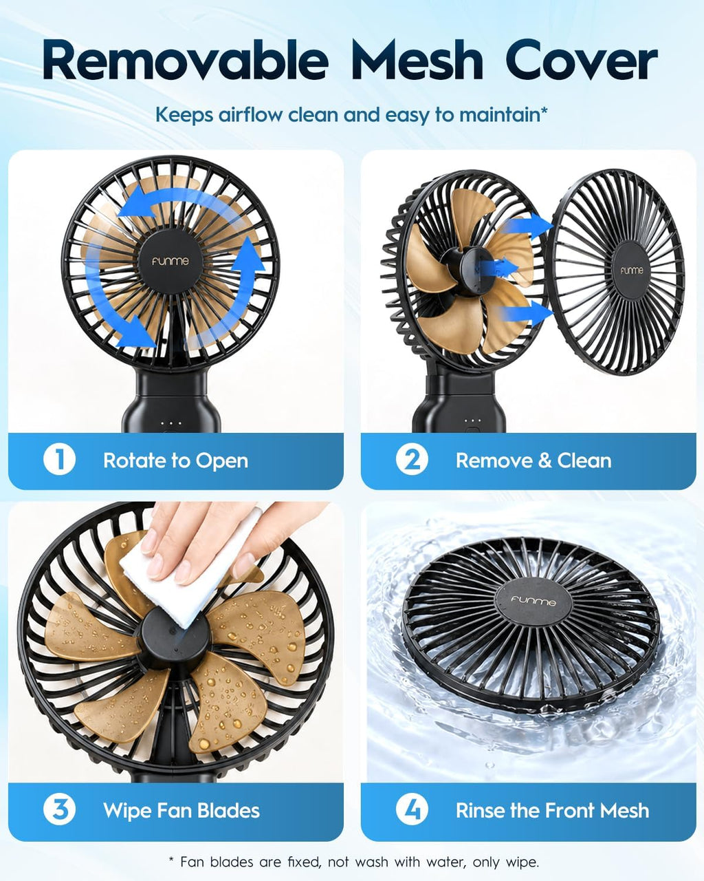 Funme Portable Handheld Fan, 53H Max Cooling Time Travel Fan, 10000mAh Personal Fan with Power Bank, 4 Speeds Rechargeable Fan, Handheld/Foldable 180° Design for Desk/Travel/Office/Outdoor - Black