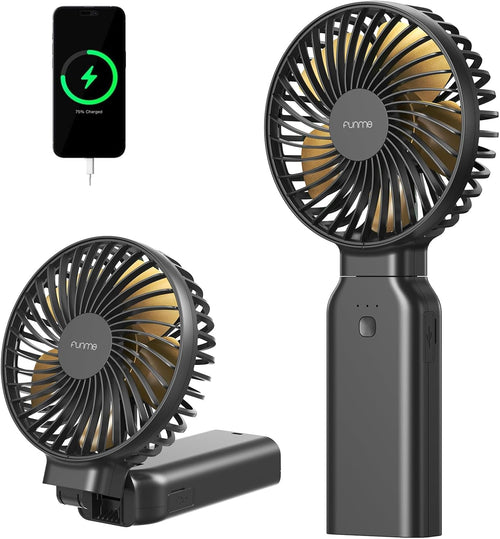 Funme Portable Handheld Fan, 53H Max Cooling Time Travel Fan, 10000mAh Personal Fan with Power Bank, 4 Speeds Rechargeable Fan, Handheld/Foldable 180° Design for Desk/Travel/Office/Outdoor - Black