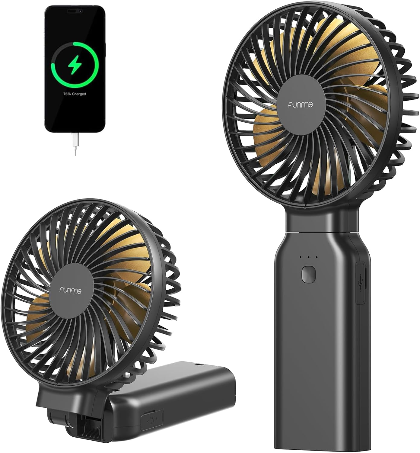Funme Portable Handheld Fan, 53H Max Cooling Time Travel Fan, 10000mAh Personal Fan with Power Bank, 4 Speeds Rechargeable Fan, Handheld/Foldable 180° Design for Desk/Travel/Office/Outdoor - Black