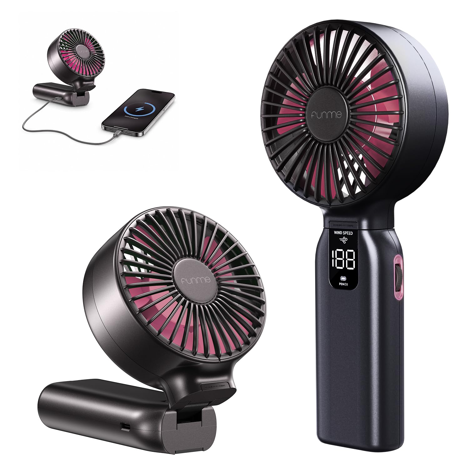 Funme Portable Handheld Fan, 53H Max Cooling Time Travel Fan, 10000mAh Personal Fan with Power Bank, 4 Speeds Rechargeable Fan, Handheld/Foldable 180° Design for Desk/Travel/Office/Outdoor - Black