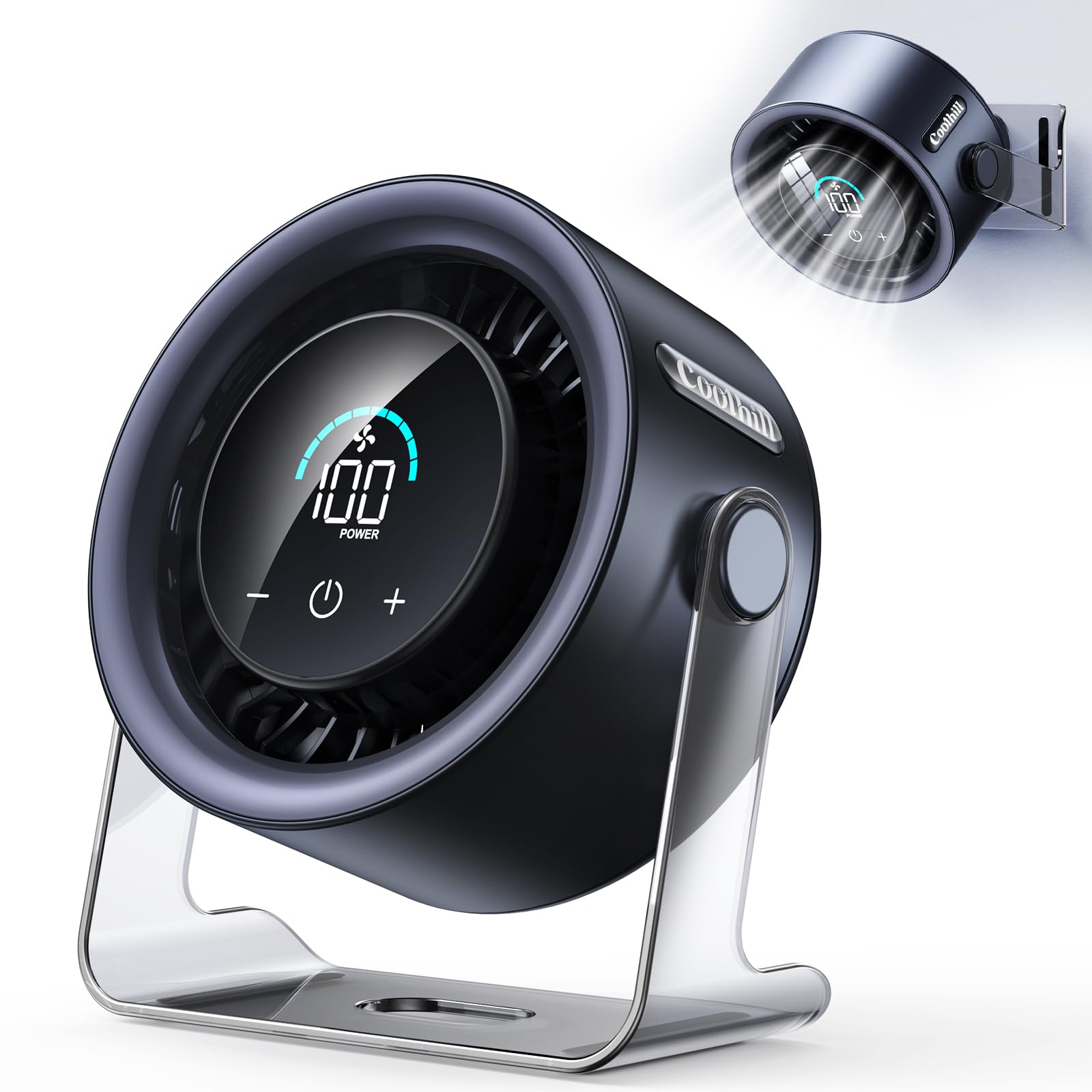 USB Desk Fan for Bedroom: 100 Speeds Digital Display Quiet Portable Fan with Turbo Airflow, 120° Rotating Small Rechargeable Battery Desktop & Wall-Mounted Fans for Bedroom Home Office