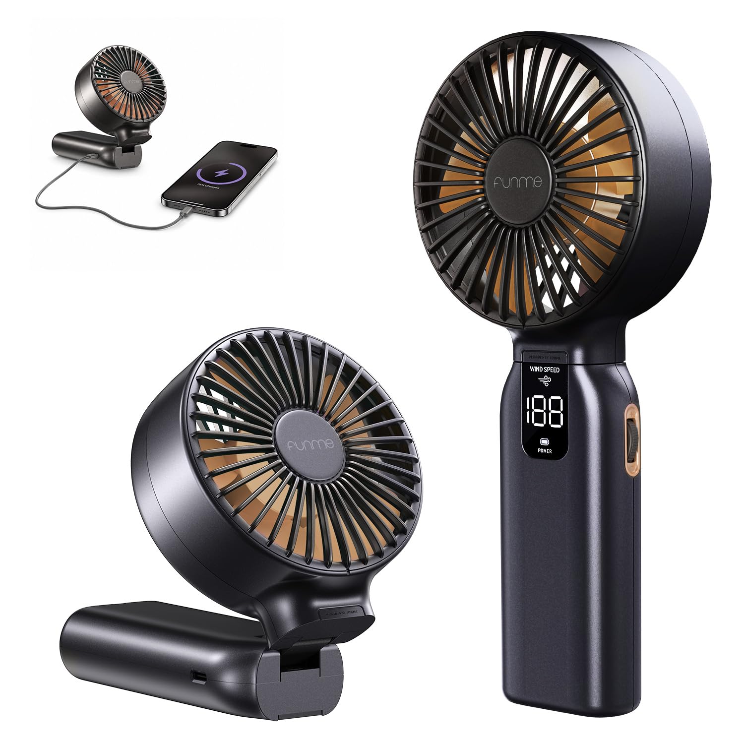 Funme Portable Handheld Fan, 53H Max Cooling Time Travel Fan, 10000mAh Personal Fan with Power Bank, 4 Speeds Rechargeable Fan, Handheld/Foldable 180° Design for Desk/Travel/Office/Outdoor - Black