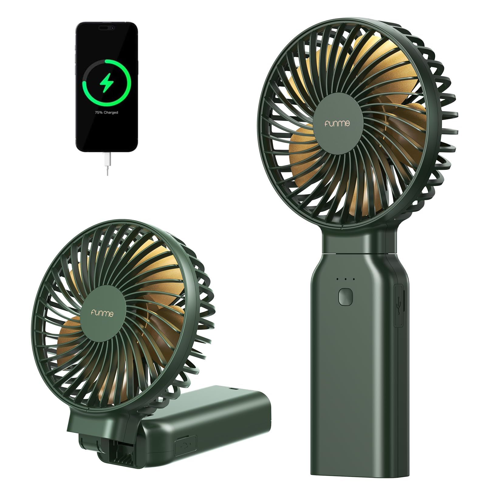 Funme Portable Handheld Fan, 53H Max Cooling Time Travel Fan, 10000mAh Personal Fan with Power Bank, 4 Speeds Rechargeable Fan, Handheld/Foldable 180° Design for Desk/Travel/Office/Outdoor - Black