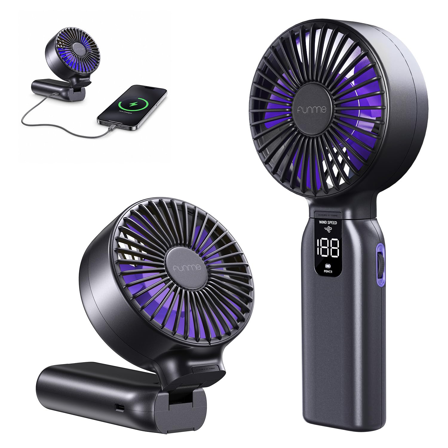 Funme Portable Handheld Fan, 53H Max Cooling Time Travel Fan, 10000mAh Personal Fan with Power Bank, 4 Speeds Rechargeable Fan, Handheld/Foldable 180° Design for Desk/Travel/Office/Outdoor - Black