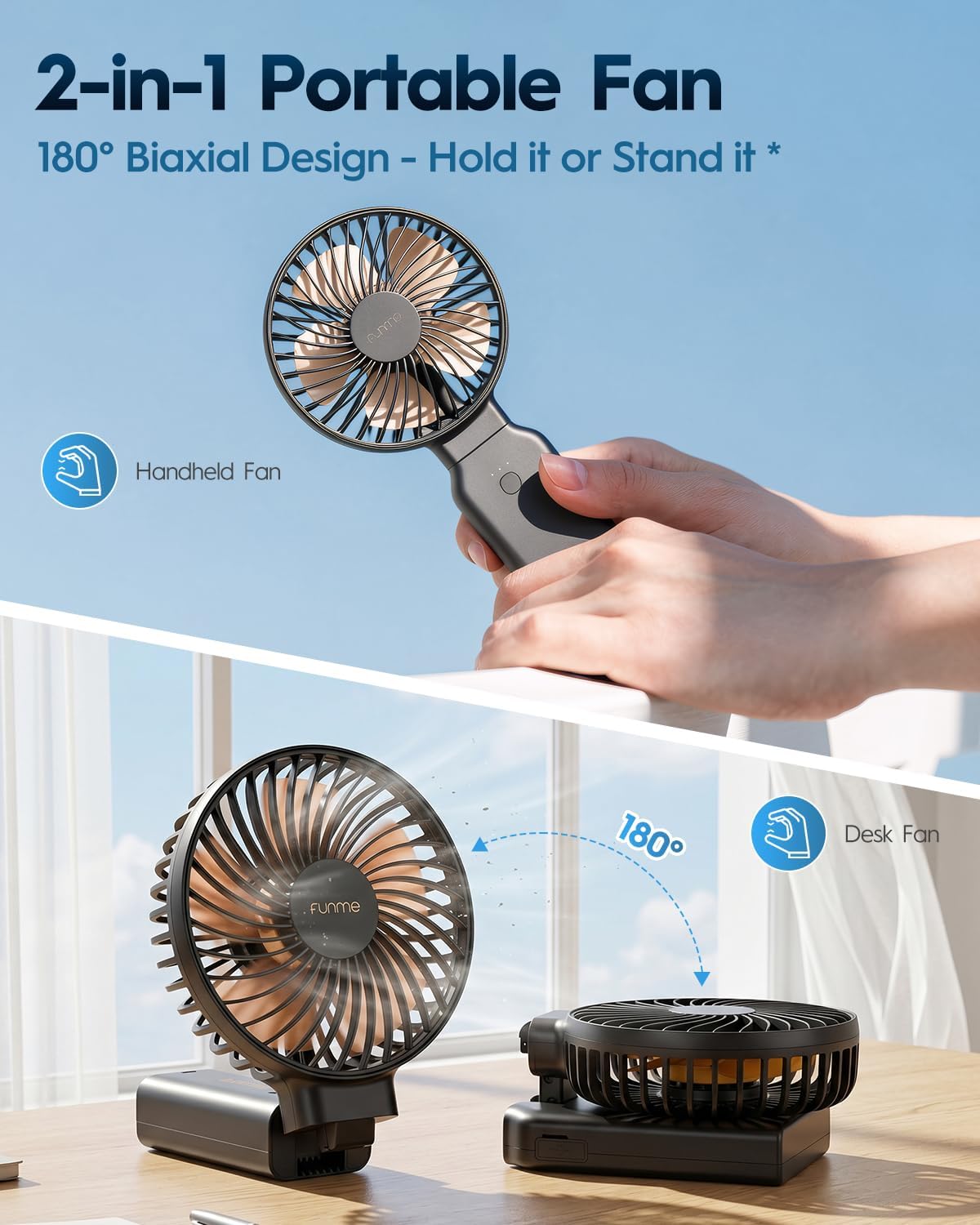 Funme Portable Handheld Fan, 53H Max Cooling Time Travel Fan, 10000mAh Personal Fan with Power Bank, 4 Speeds Rechargeable Fan, Handheld/Foldable 180° Design for Desk/Travel/Office/Outdoor - Black