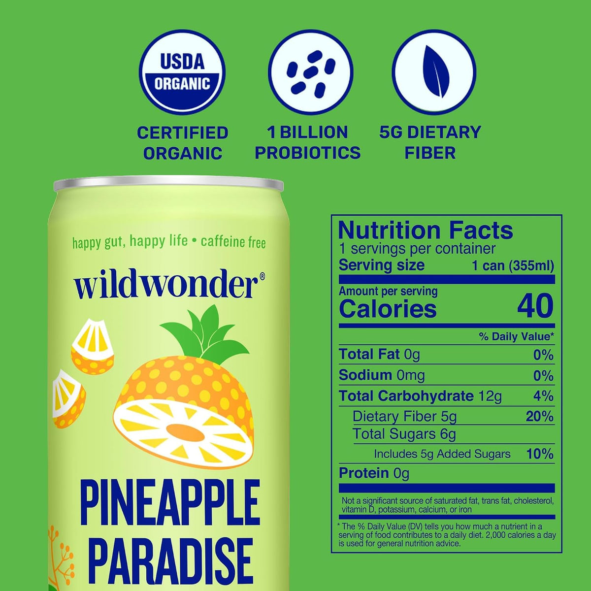 wildwonder Pineapple Paradise Sparkling Probiotic Drink, 12 Pack